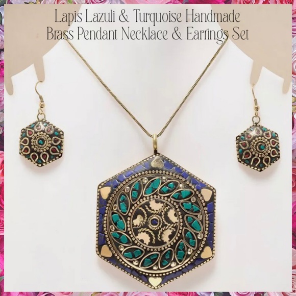 Crushed Turquoise Lapis Lazuli Turkish Brass Pendant Necklace & Earrings - Picture 1 of 4